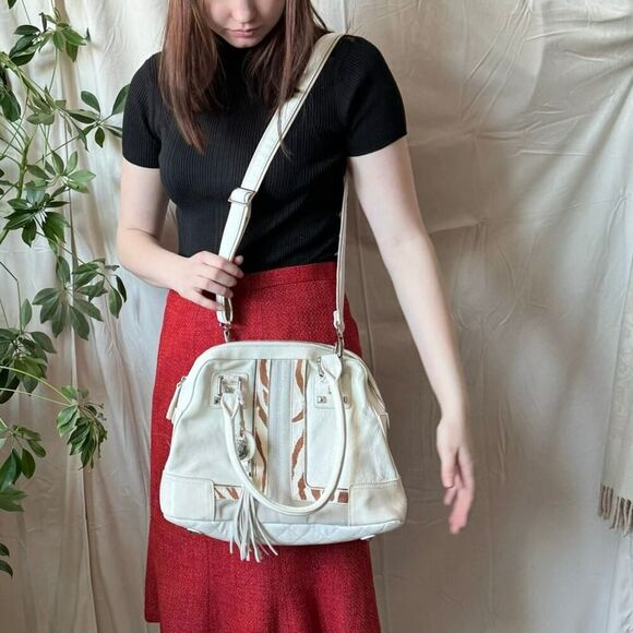 Vintage 90s Sharif White Leather + Cow Hair Satchel Bag